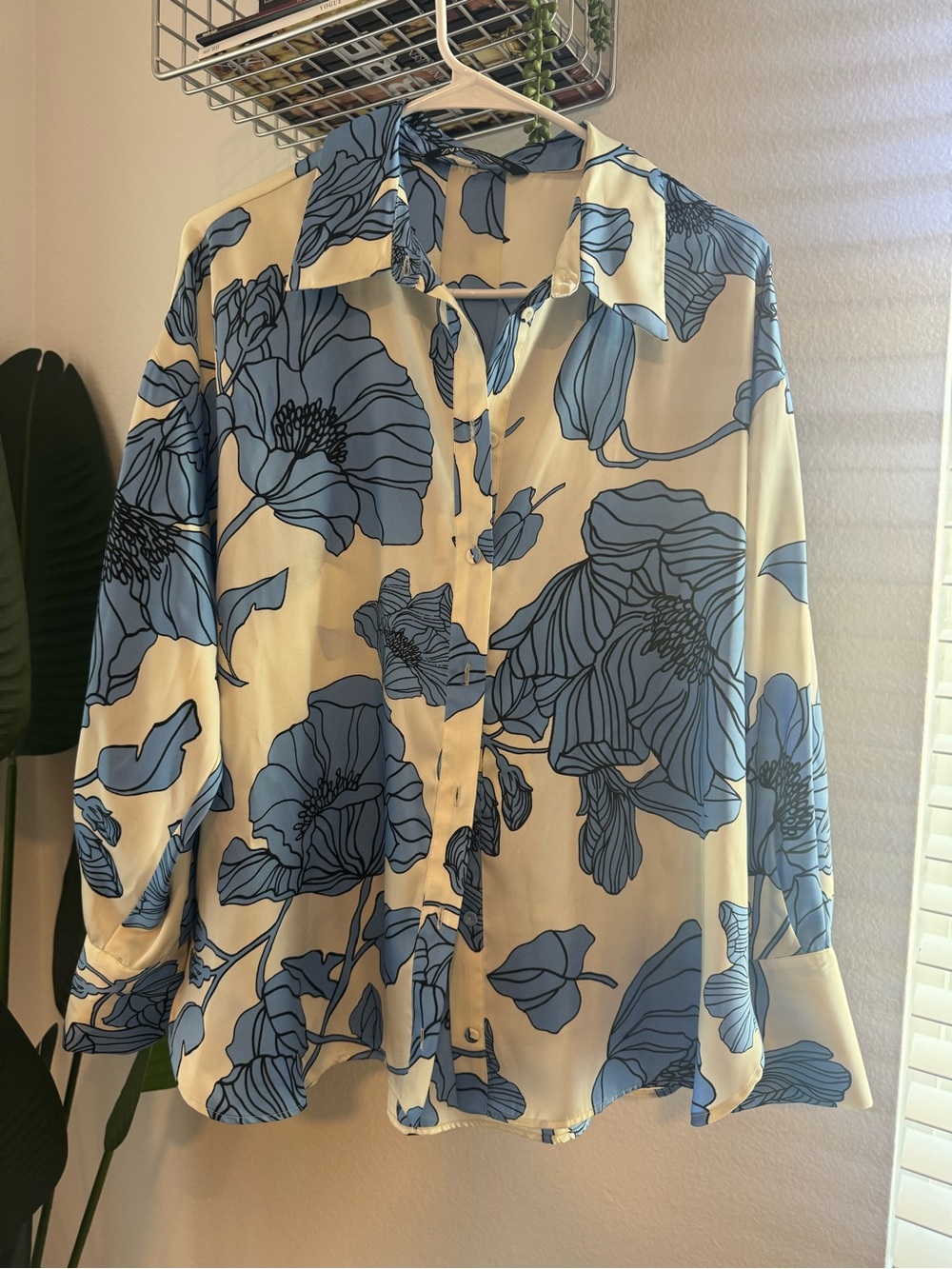 Zara Cream Shirt with Blue Floral Print - Button Down Top